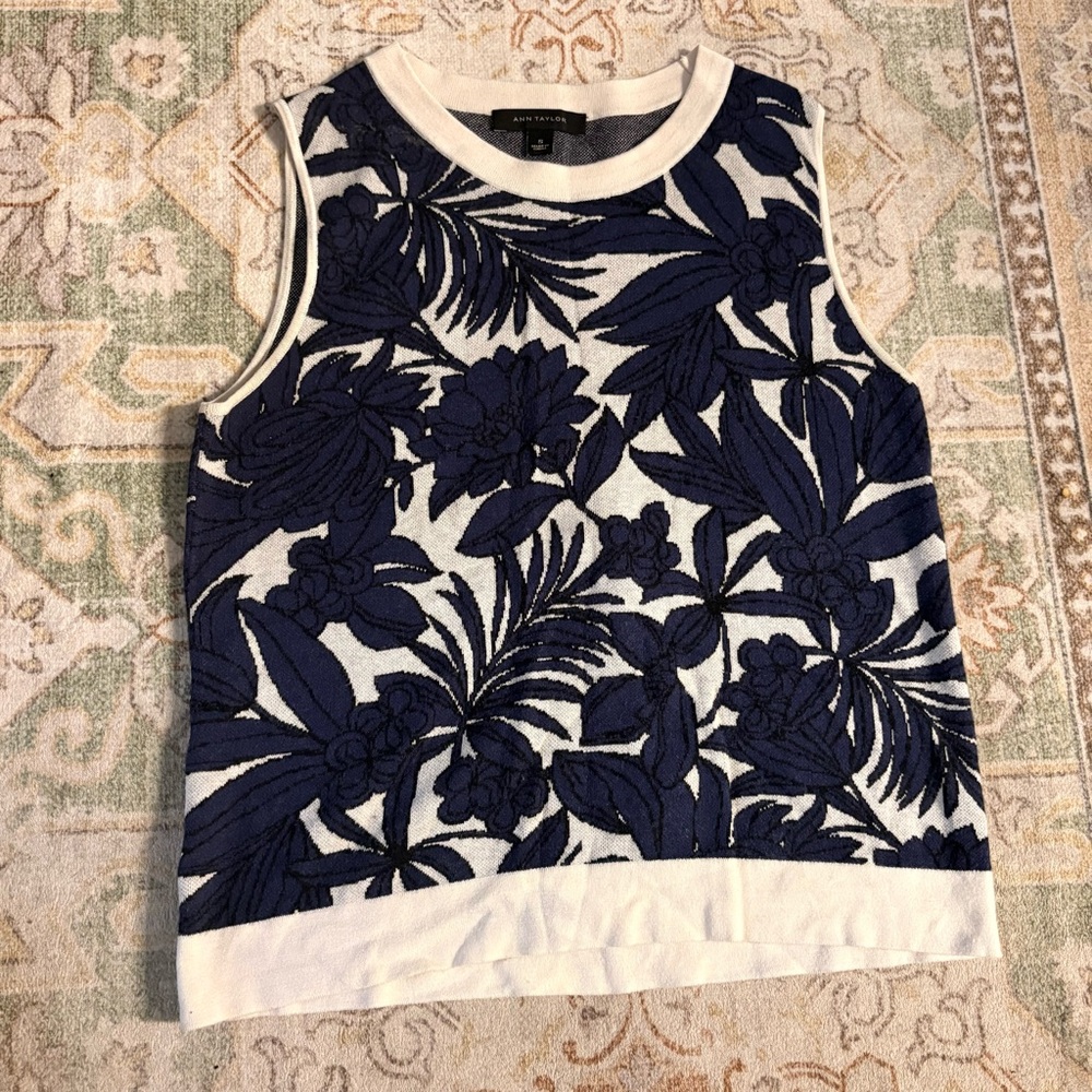 Ann Taylor White Tank Top with Navy Floral Knit